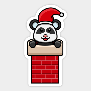 Sticker and Label Of  Cute Baby Panda On chimney house and wearing Santa Hat. Sticker